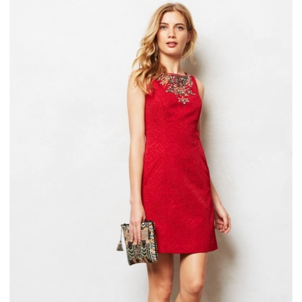 Anthropologie Moulinette Soeurs Toulouse Red Embellished Dress Size 8 - Picture 2 of 16